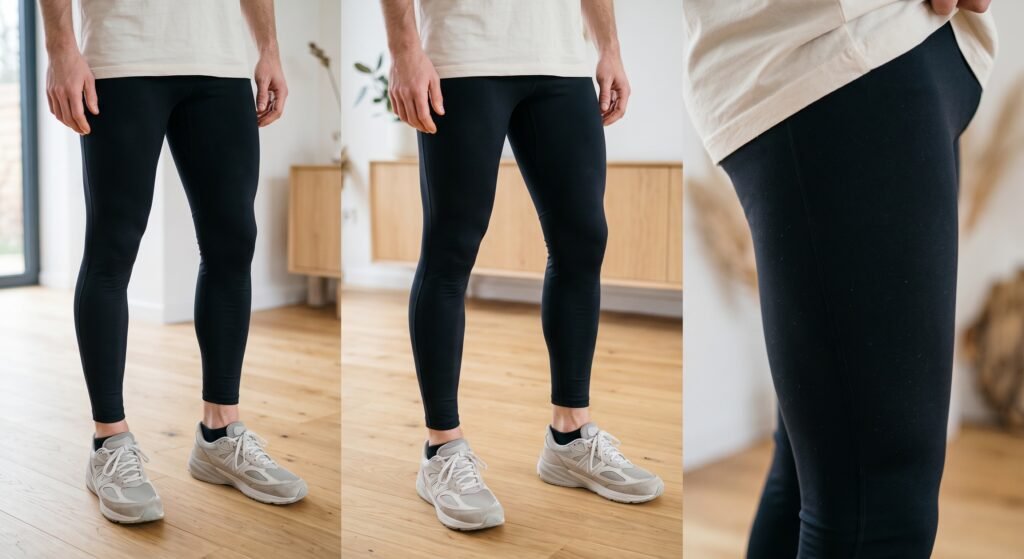 Mann im Alltag mit mattschwarzer Leggings und hellem T-Shirt