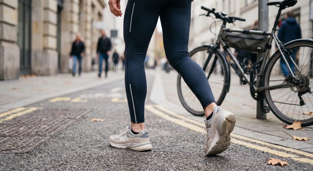 Mann in dunklen Funktions-Tights und Sneakern unterwegs im Alltag